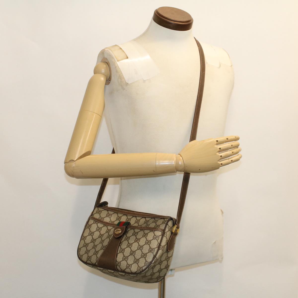 GUCCI GG Canvas Web Sherry Line Shoulder Bag PVC Leather Beige Red ep1332