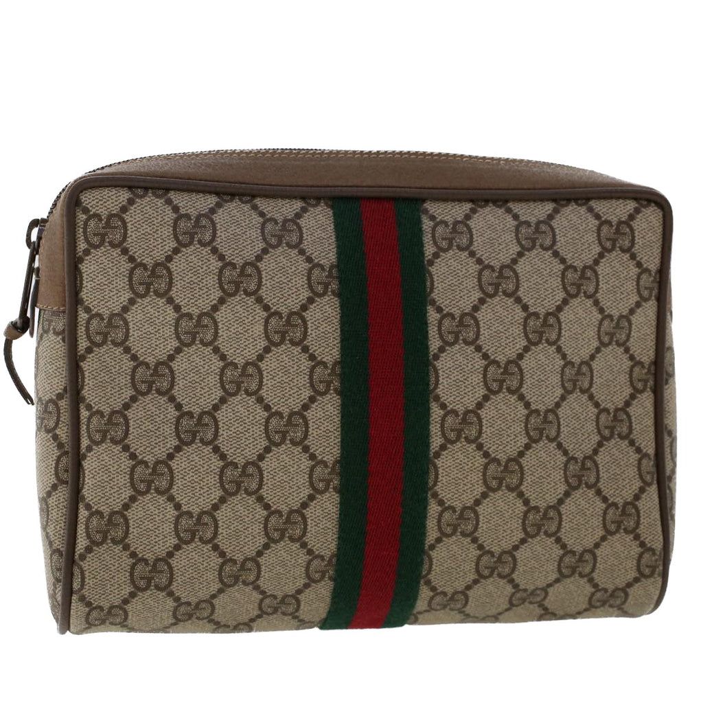 GUCCI GG Canvas Web Sherry Line Clutch Bag PVC Leather Beige Red ep1362