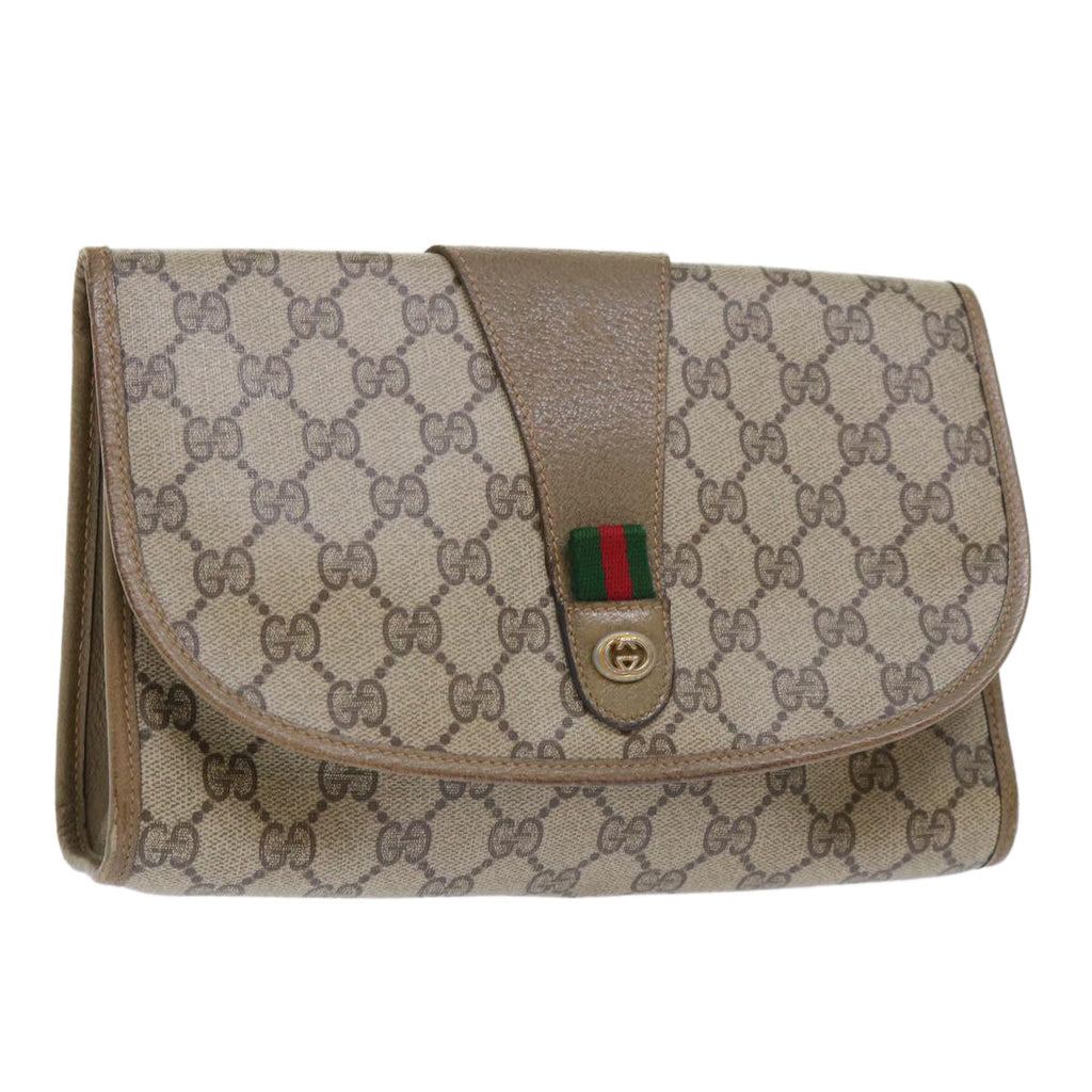 GUCCI GG Canvas Web Sherry Line Clutch Bag PVC Leather Beige Red ep1380