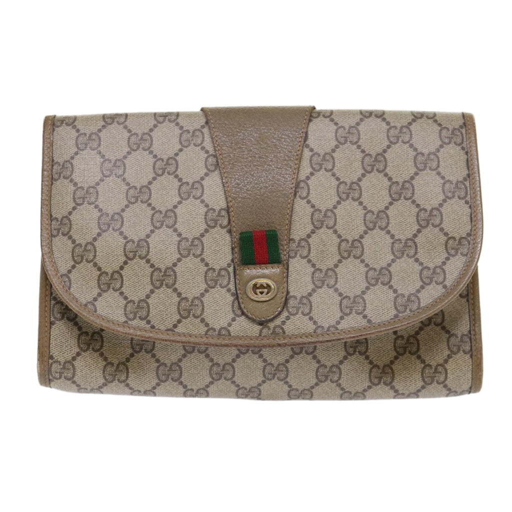 GUCCI GG Canvas Web Sherry Line Clutch Bag PVC Leather Beige Red ep1380