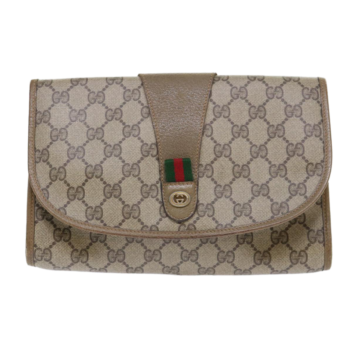 GUCCI GG Canvas Web Sherry Line Clutch Bag PVC Leather Beige Red ep1380