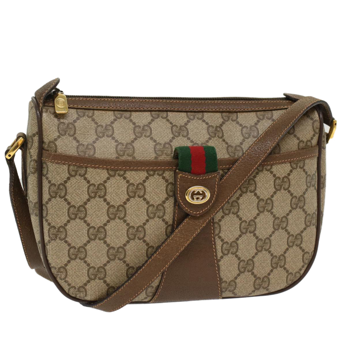 GUCCI GG Canvas Web Sherry Line Shoulder Bag PVC Leather Beige Red ep1392