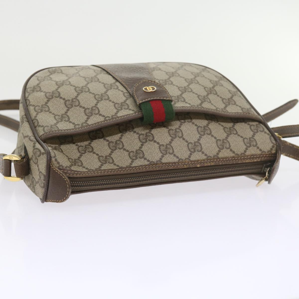 GUCCI GG Canvas Web Sherry Line Shoulder Bag PVC Leather Beige Green ep2244
