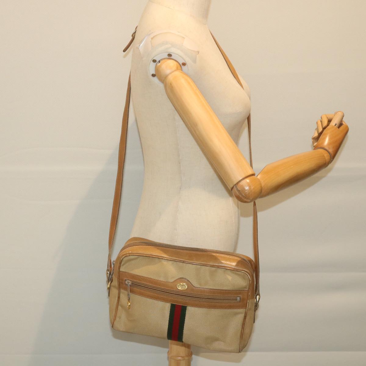 GUCCI Web Sherry Line Shoulder Bag Canvas Beige Red Green 010 378 ep2457