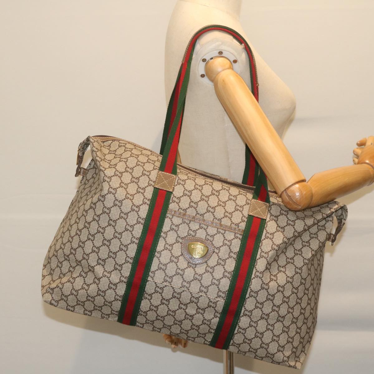 GUCCI GG Plus Supreme Web Sherry Line Tote Bag Beige Red Green ep2516