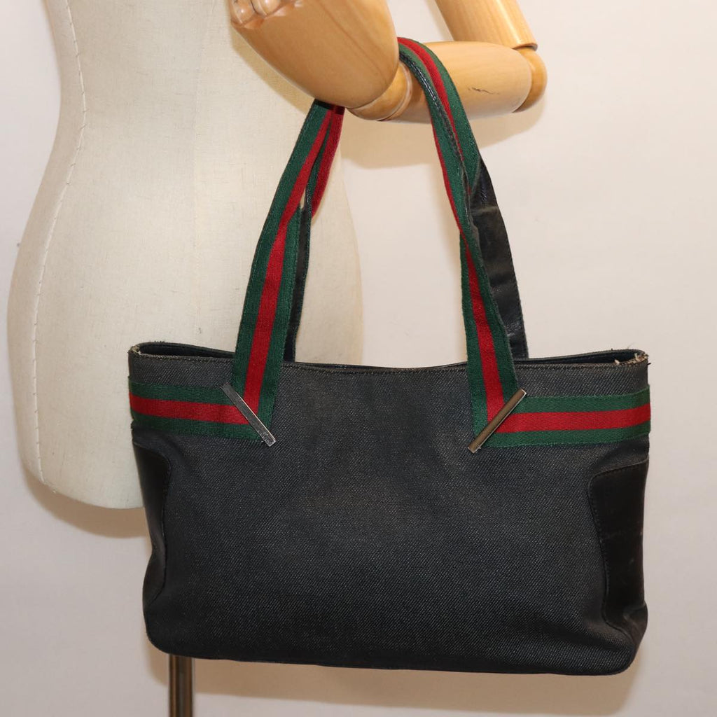 GUCCI Web Sherry Line Tote Bag Denim Black Red Green 73983 ep4159