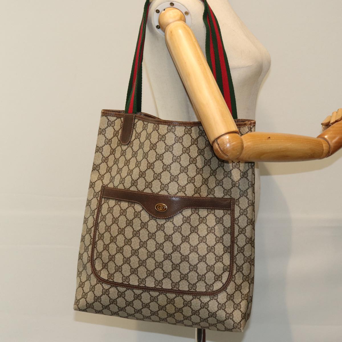 GUCCI GG Supreme Web Sherry Line Tote Bag PVC Beige Red 002 4487 39 ep4289