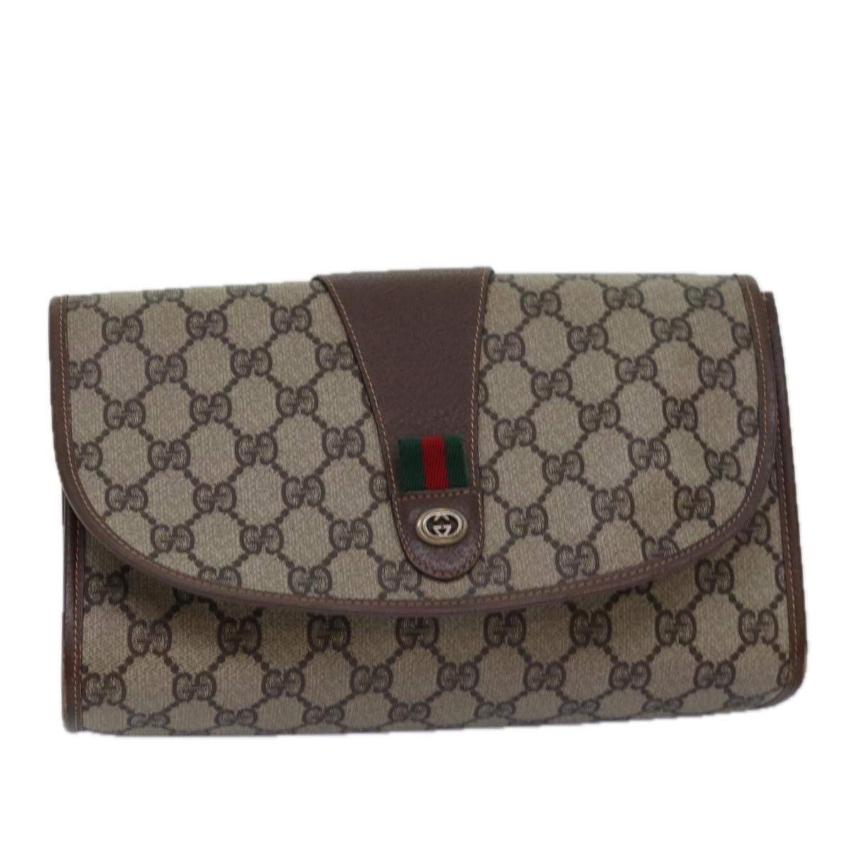 GUCCI GG Supreme Web Sherry Line Clutch Bag PVC Beige Red 156 01 030 ep4466
