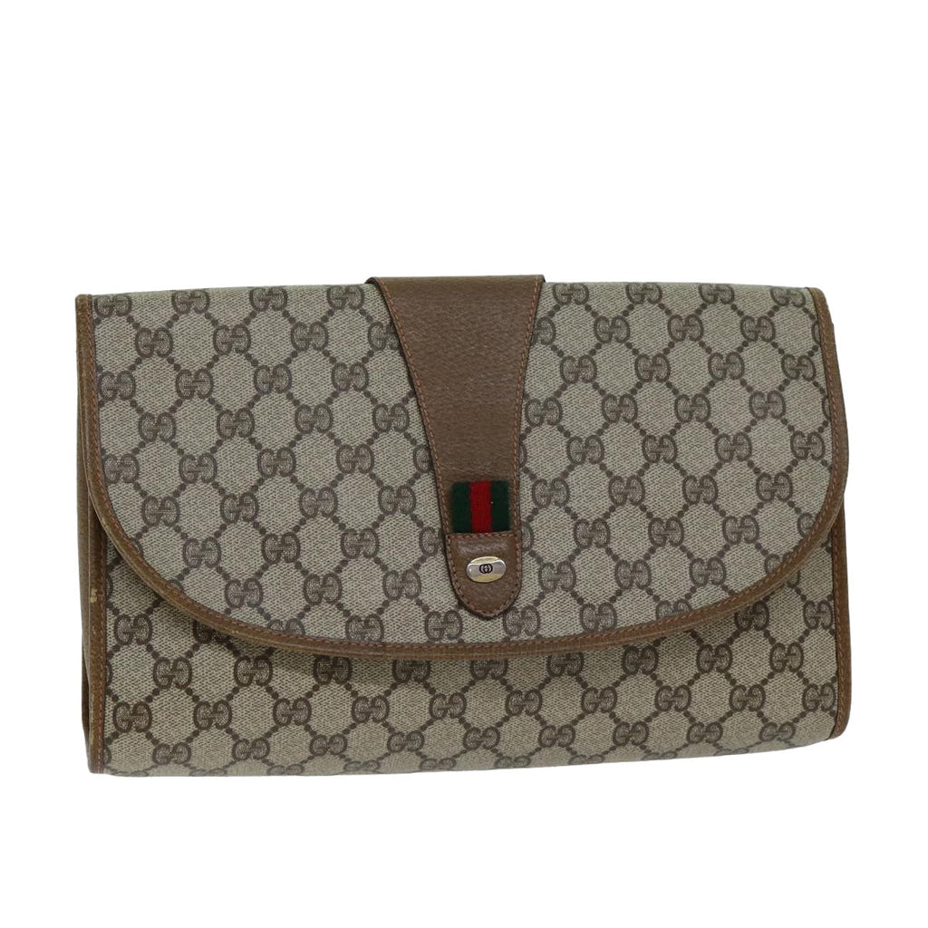 GUCCI GG Supreme Web Sherry Line Clutch Bag PVC Leather Beige ep4493