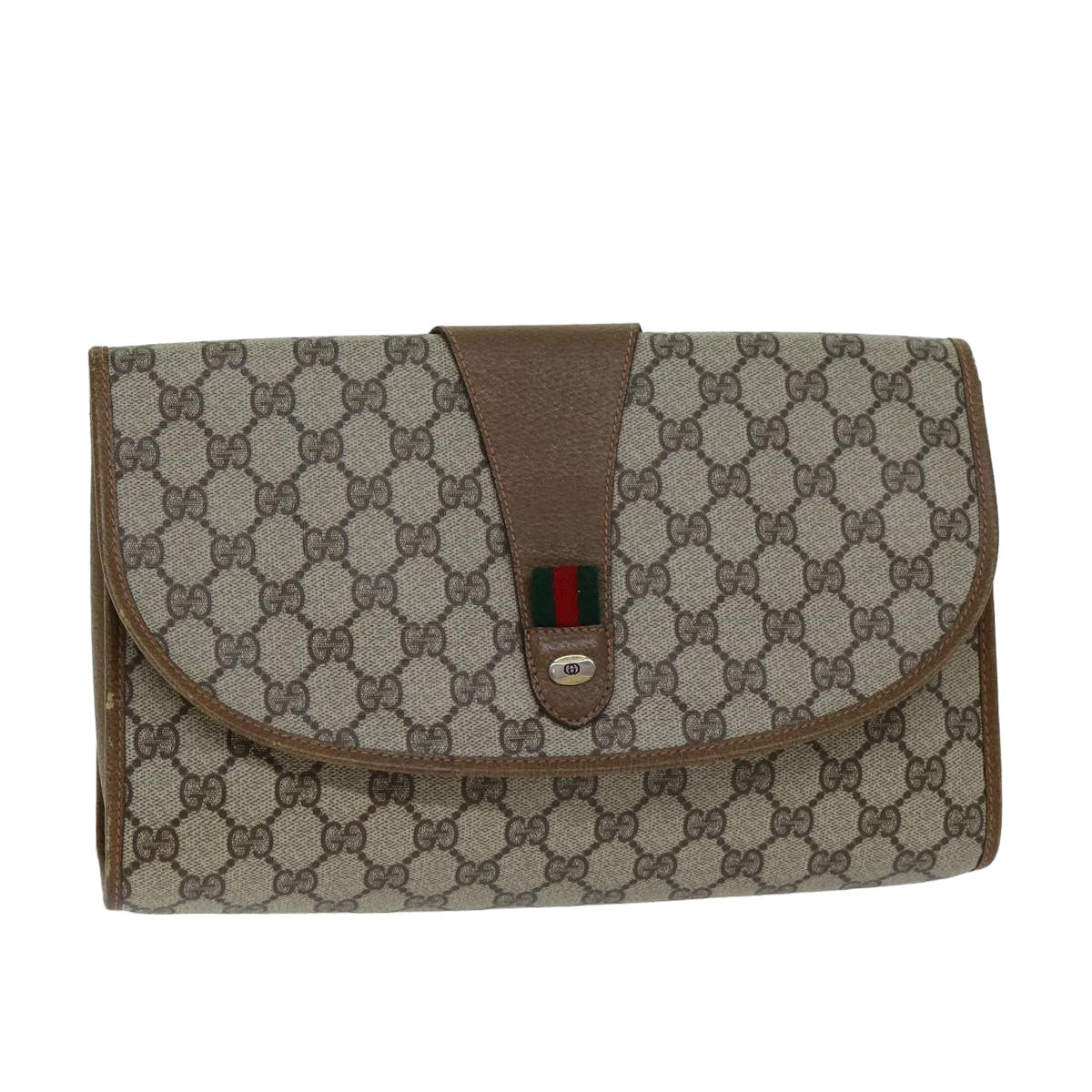 GUCCI GG Supreme Web Sherry Line Clutch Bag PVC Leather Beige ep4493