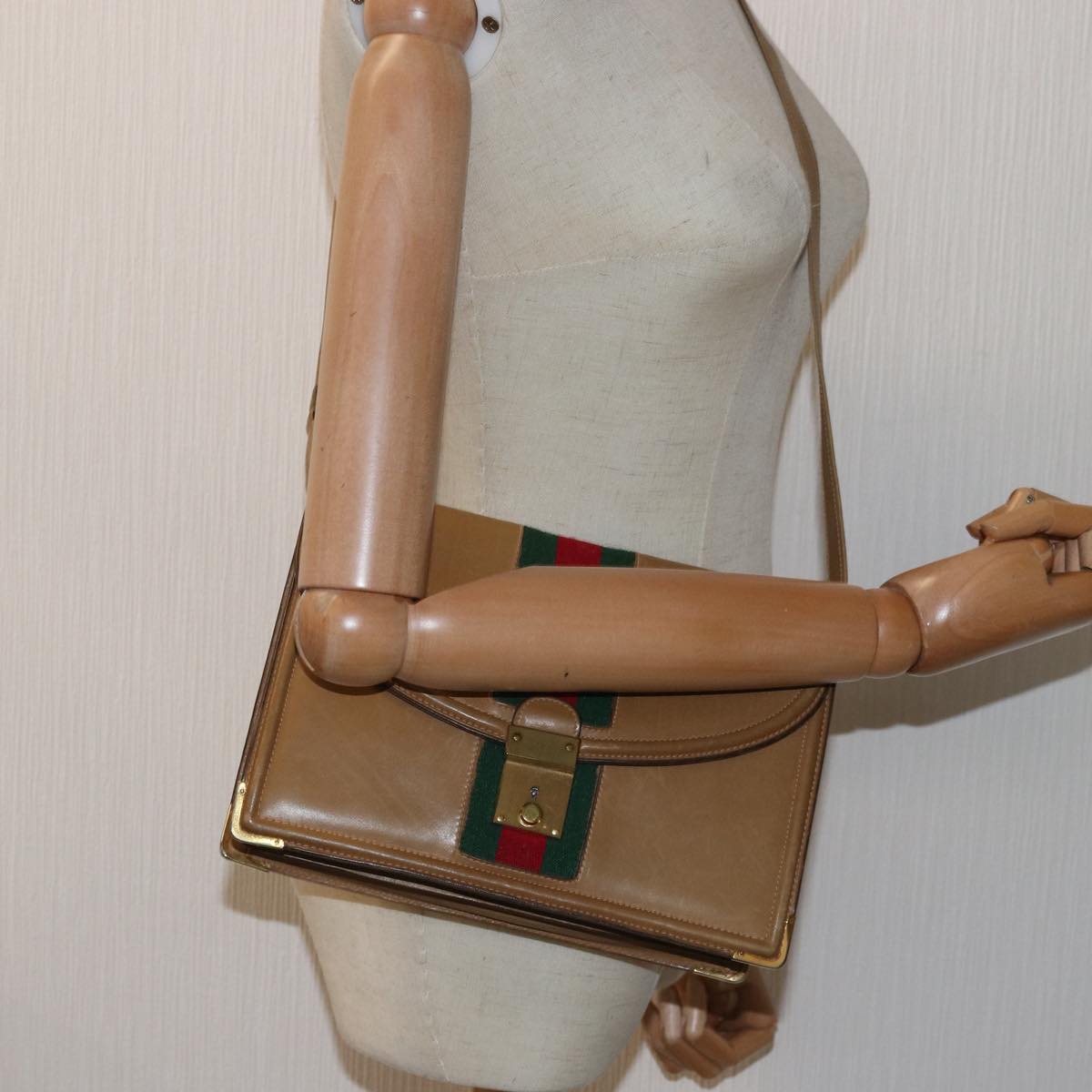 GUCCI Web Sherry Line Shoulder Bag Leather Beige ep4582