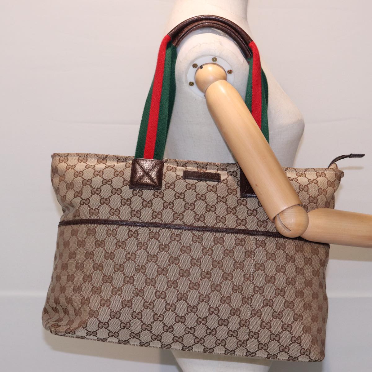 GUCCI GG Canvas Web Sherry Line Tote Bag Beige Green Red 155524 ep4699