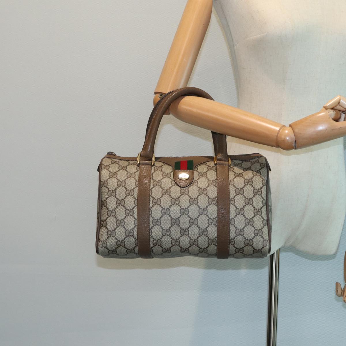 GUCCI GG Supreme Web Sherry Line Boston Bag PVC Beige 116 02 006 ep4871
