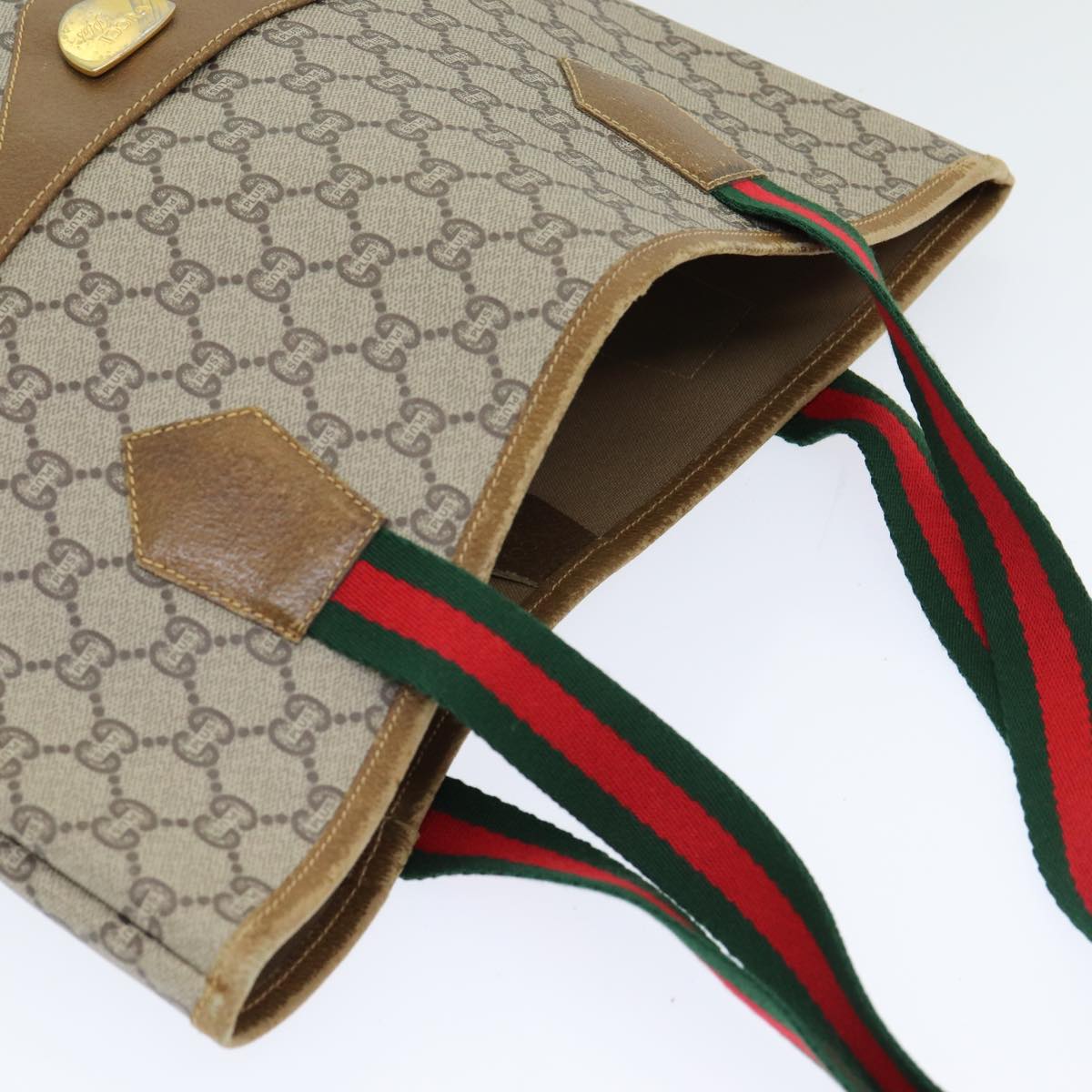 GUCCI GG Plus Supreme Web Sherry Line Tote Bag PVC Beige Red Green ep4936