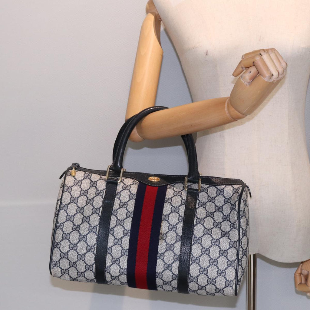 GUCCI GG Supreme Sherry Line Boston Bag PVC Leather Navy Red ep4938