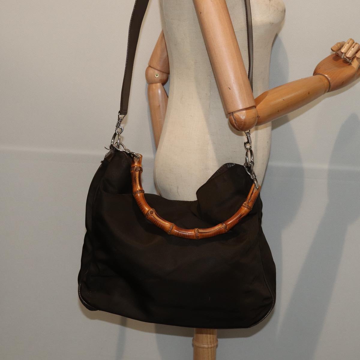 GUCCI Bamboo Shoulder Bag Nylon 2way Khaki 001 2113 1577 ep5058
