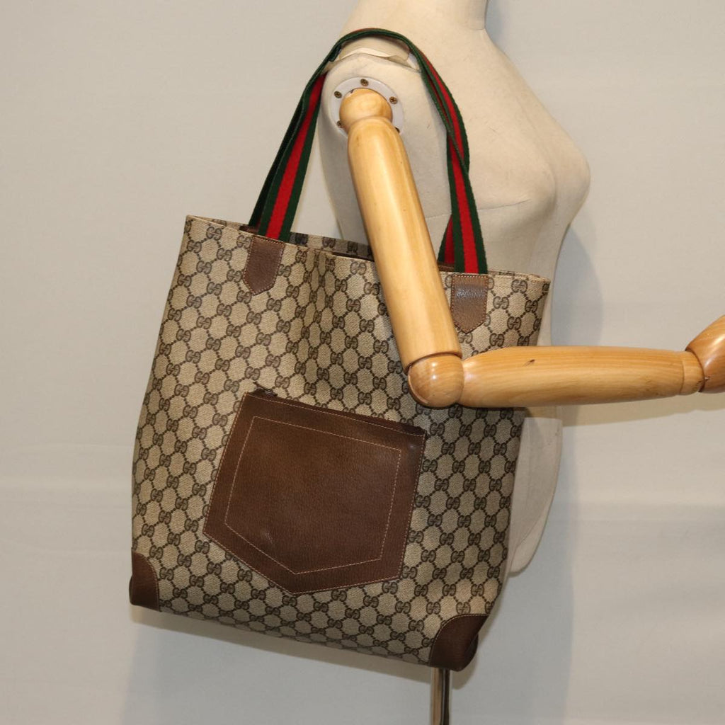 GUCCI GG Canvas Web Sherry Line Tote Bag PVC Beige Green Red ep5079