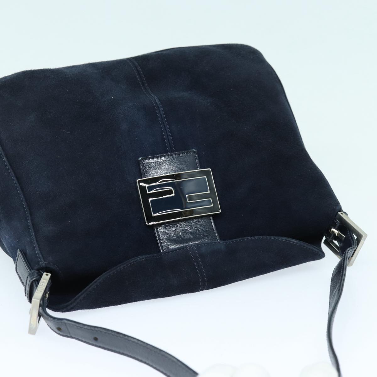 FENDI Mamma Baguette Shoulder Bag Suede Navy Silver ep5217