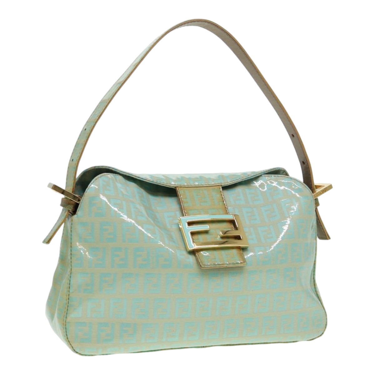 FENDI Zucchino Canvas Mamma Baguette Shoulder Bag Enamel Gold Green ep5220