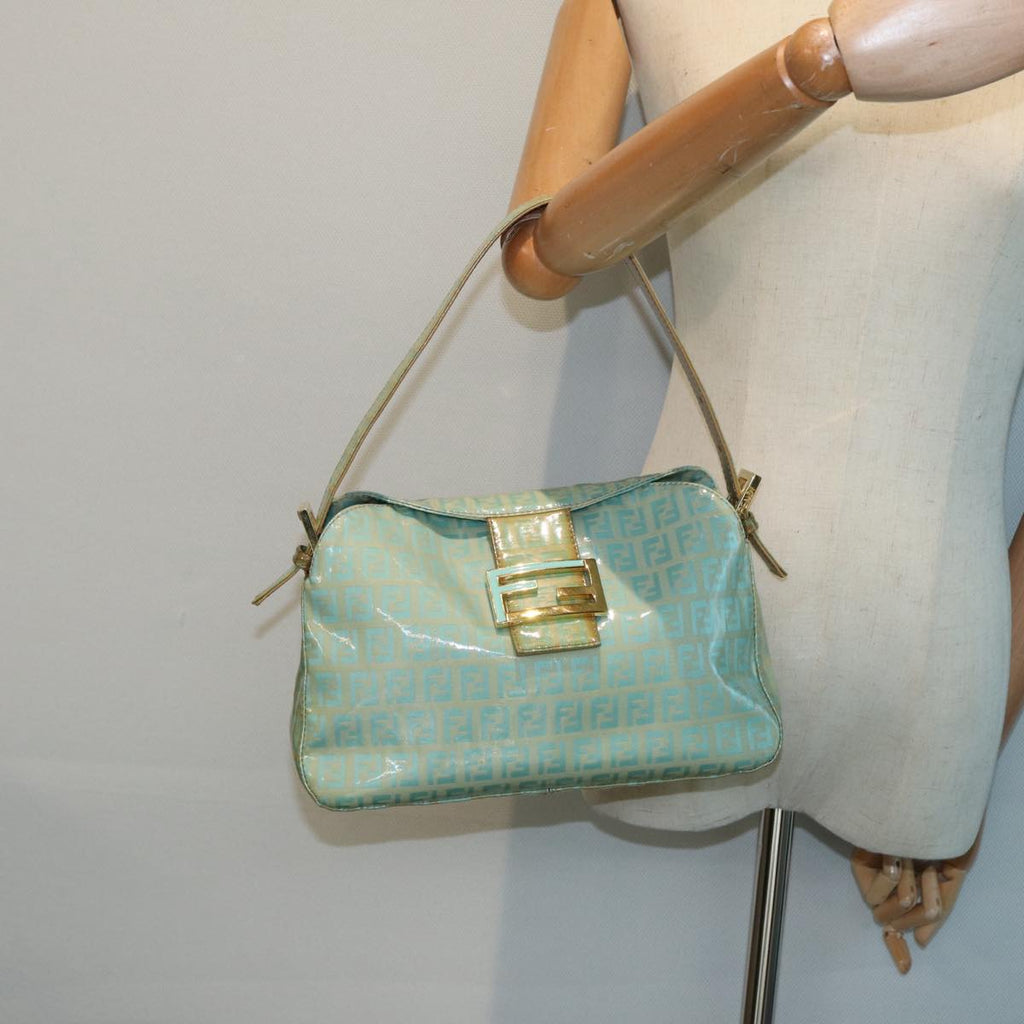 FENDI Zucchino Canvas Mamma Baguette Shoulder Bag Enamel Gold Green ep5220