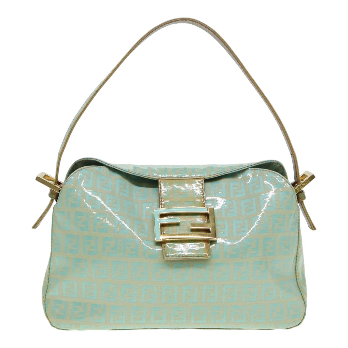 FENDI Zucchino Canvas Mamma Baguette Shoulder Bag Enamel Gold Green ep5220