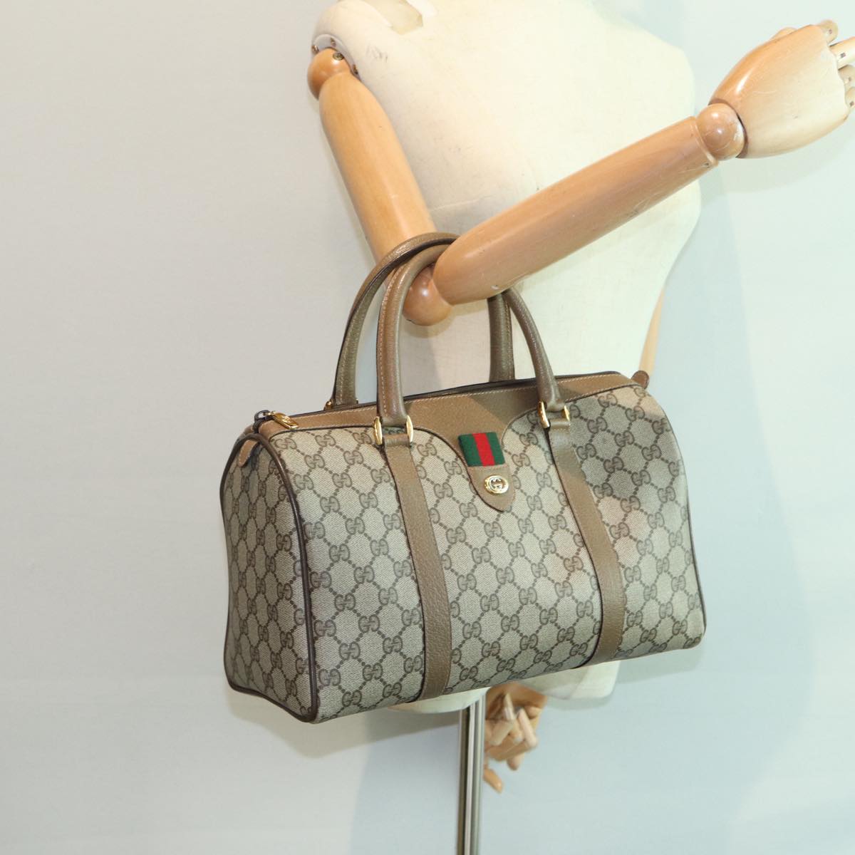 GUCCI GG Supreme Web Sherry Line Boston Bag PVC Beige Gold 40 02 007 ep5225
