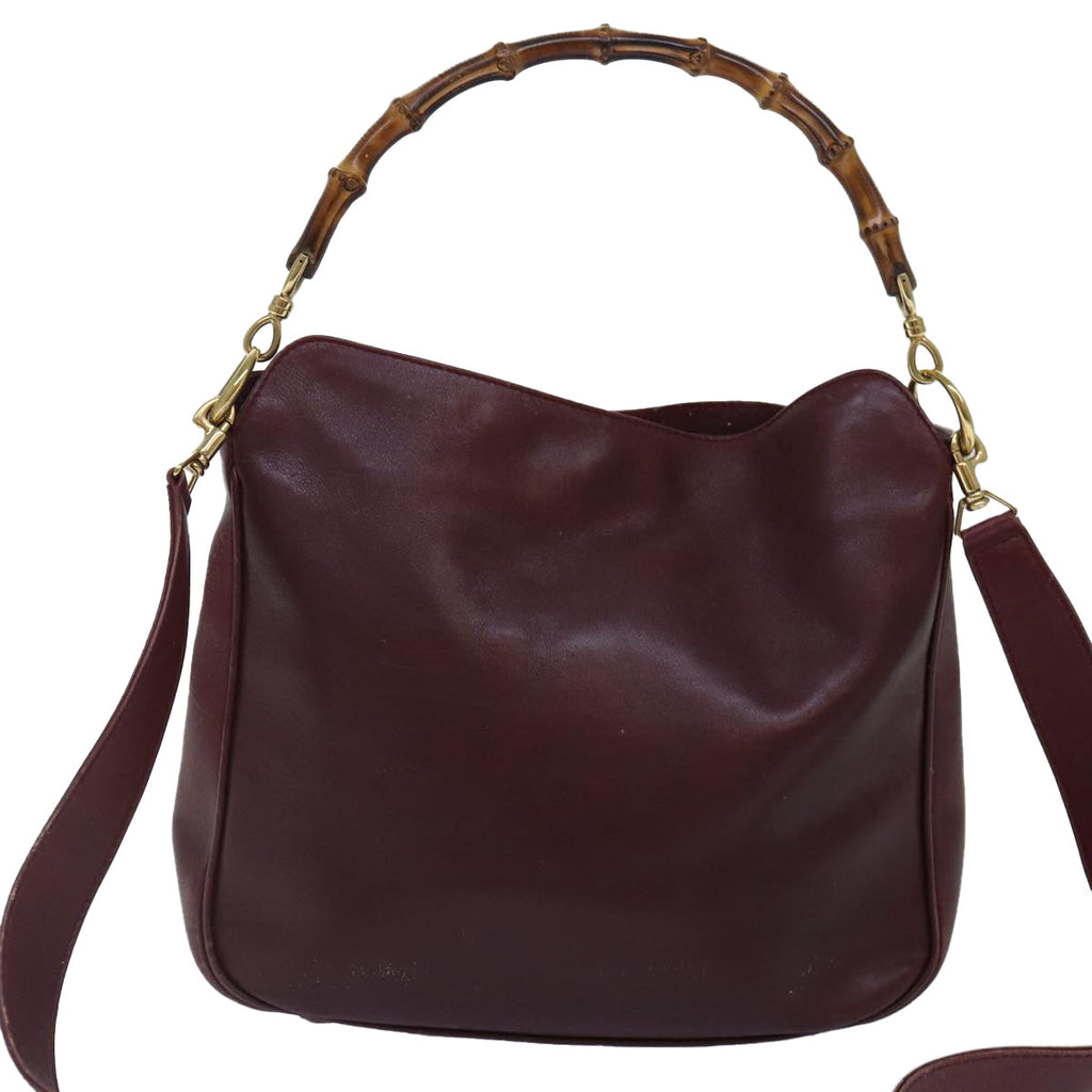 GUCCI Bamboo Hand Bag Leather 2way Wine Red Gold 001 1638 2615 ep5227
