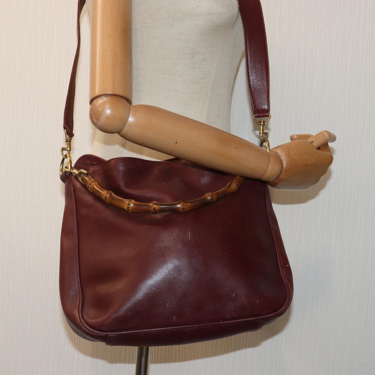 GUCCI Bamboo Hand Bag Leather 2way Wine Red Gold 001 1638 2615 ep5227