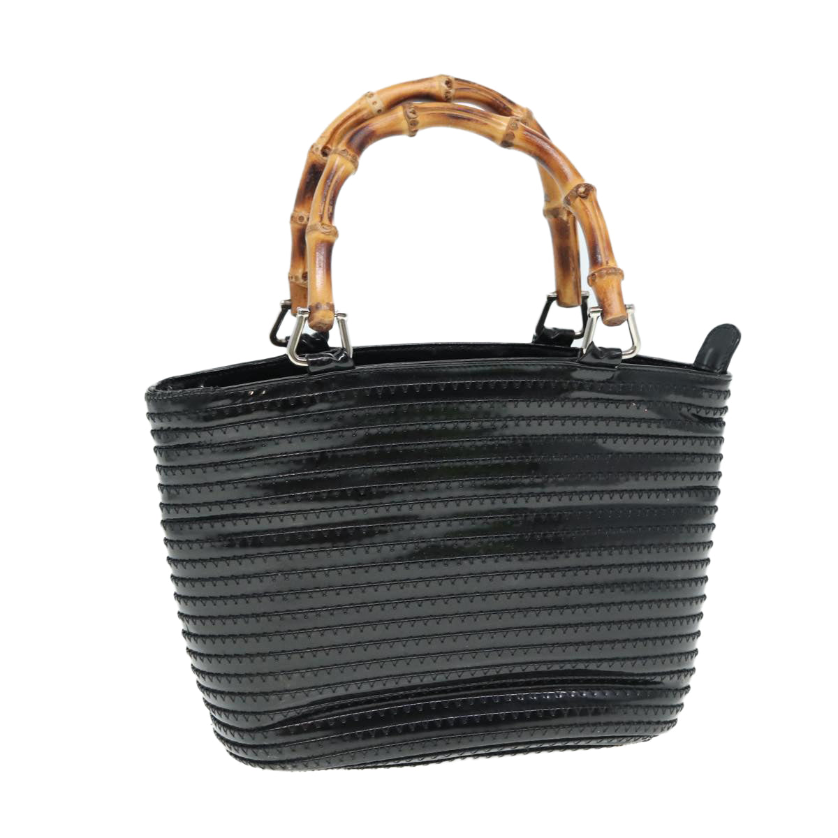 GUCCI Bamboo Hand Bag Enamel Black Silver ep5233