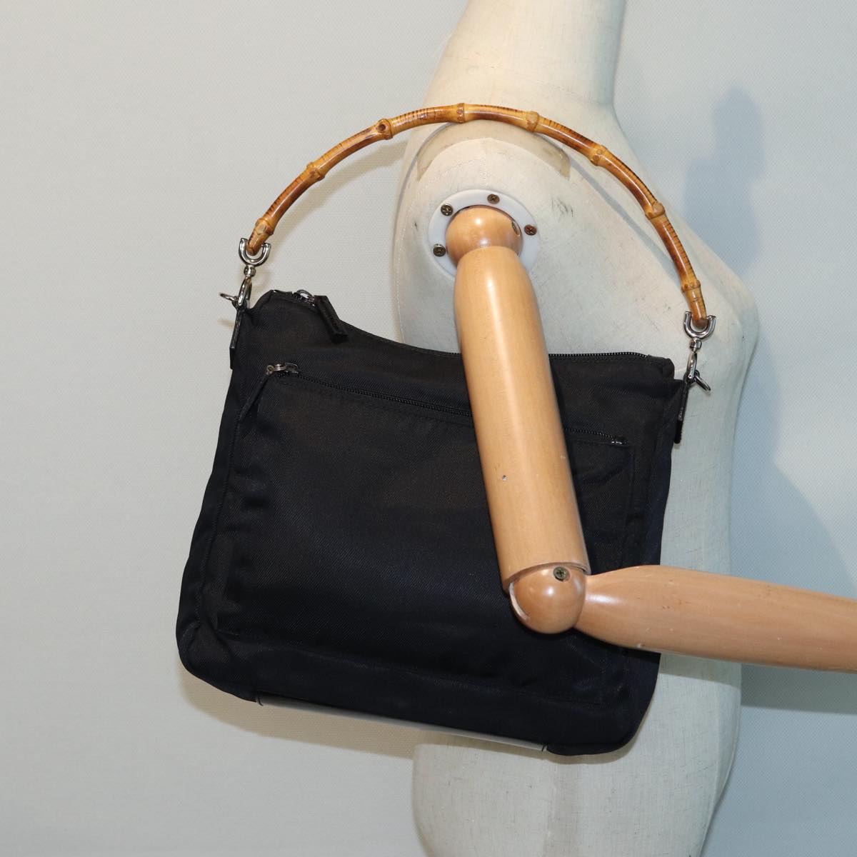 GUCCI Bamboo Hand Bag Nylon Black Silver 000 0509 ep5387