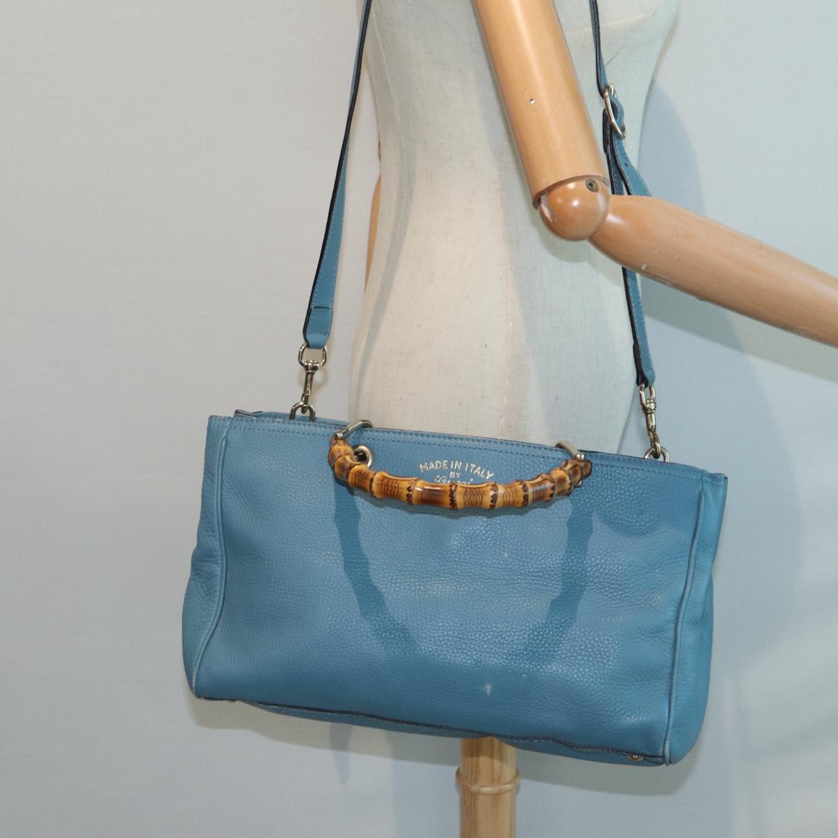 GUCCI Bamboo Hand Bag Leather 2way Blue Gold 323660 ep5409