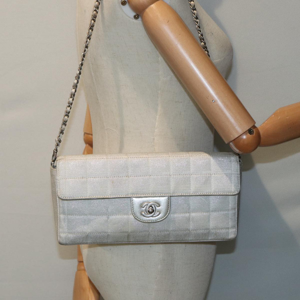 CHANEL Chain New Travel Line Shoulder Bag Nylon Beige Silver CC ep5439