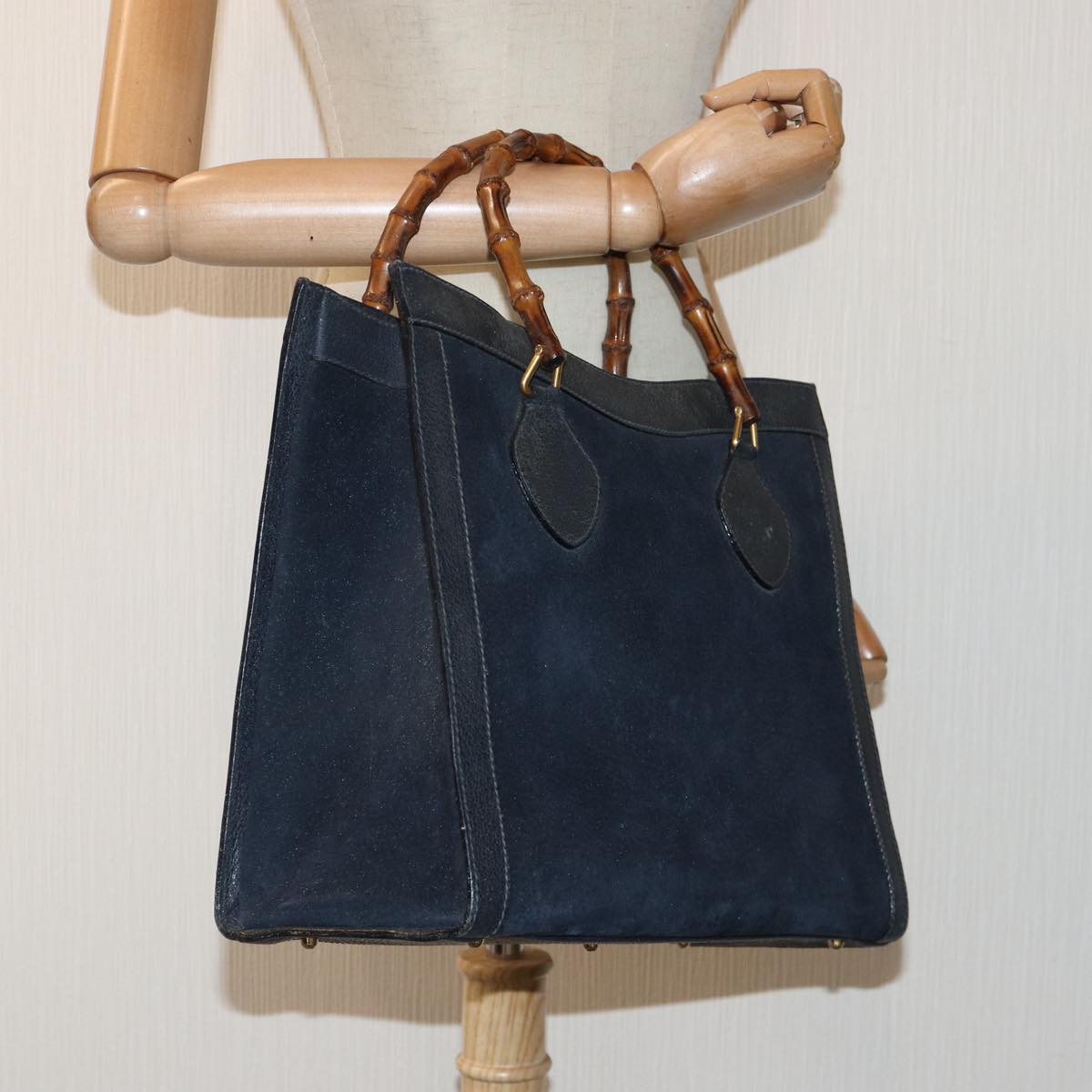 GUCCI Bamboo Hand Bag Suede Leather Navy Gold 002 1095 0260 ep5447