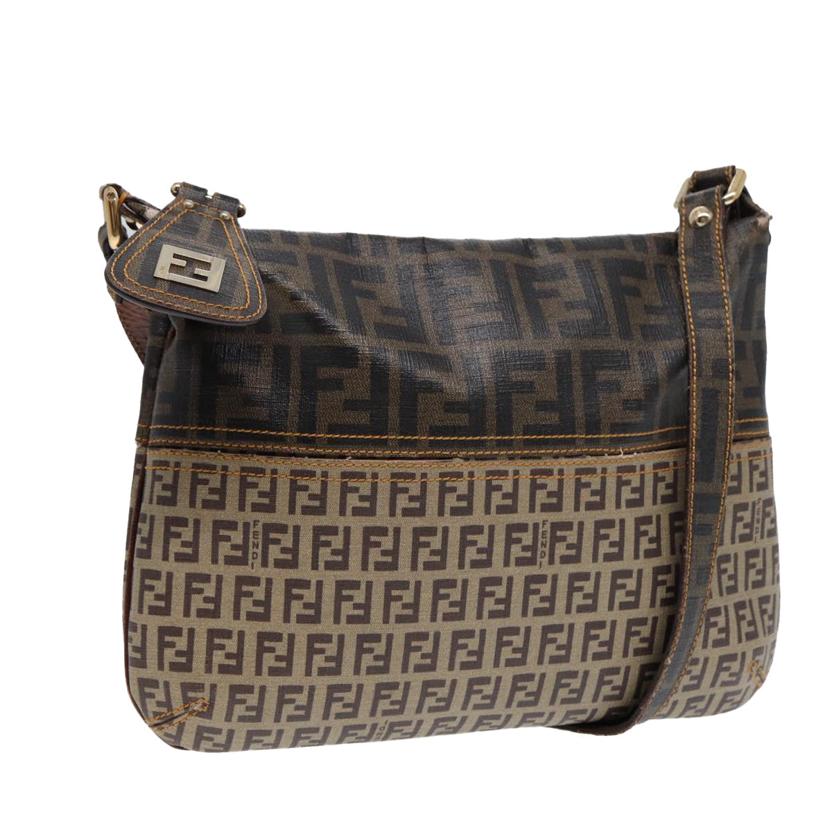 FENDI Zucca Canvas Shoulder Bag Brown Black gold ep5455
