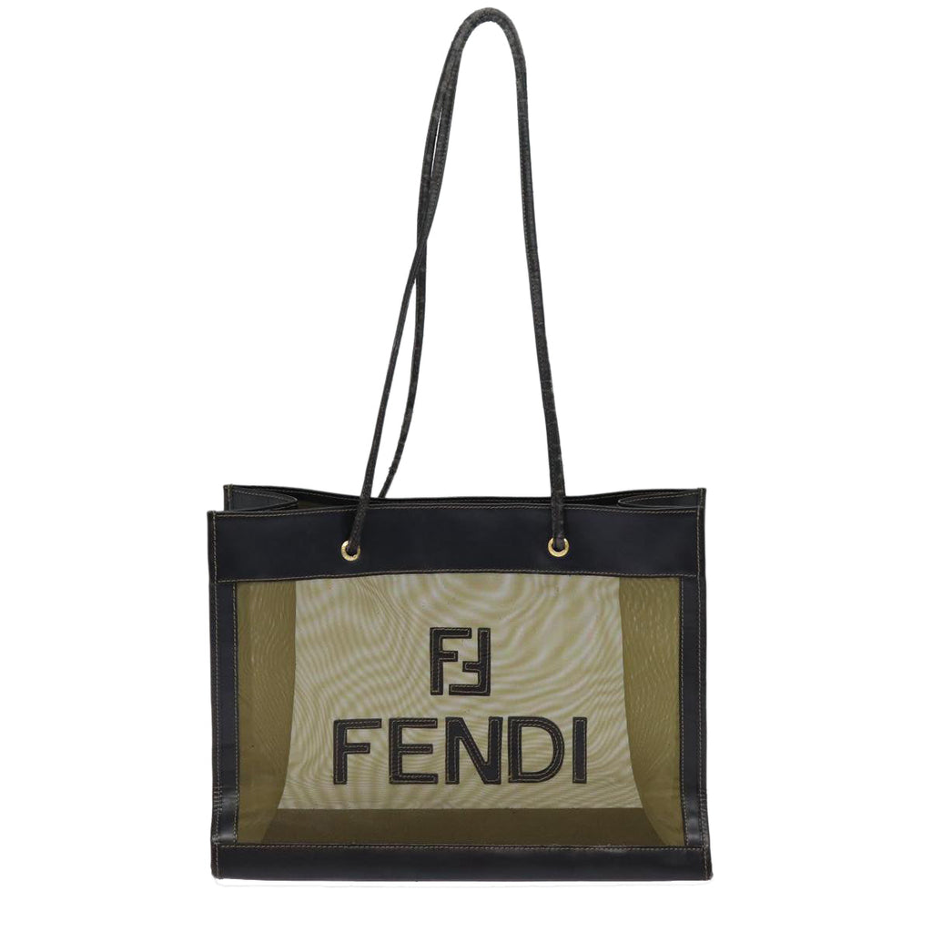 FENDI Tote Bag Nylon Leather Black Khaki gold ep5485