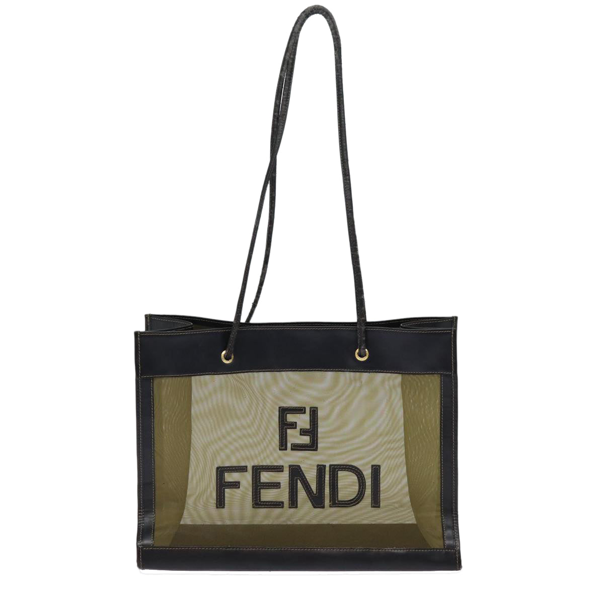 FENDI Tote Bag Nylon Leather Black Khaki gold ep5485