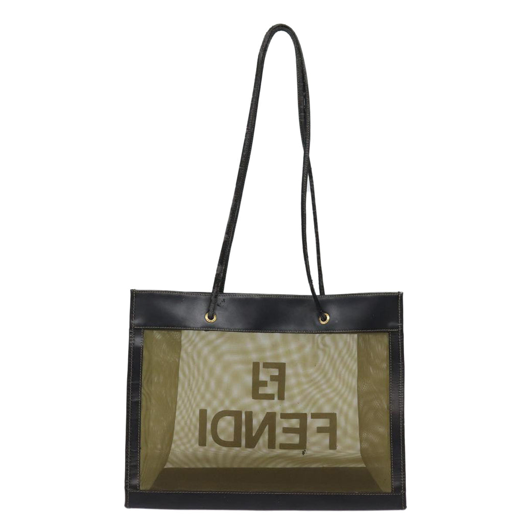 FENDI Tote Bag Nylon Leather Black Khaki gold ep5485