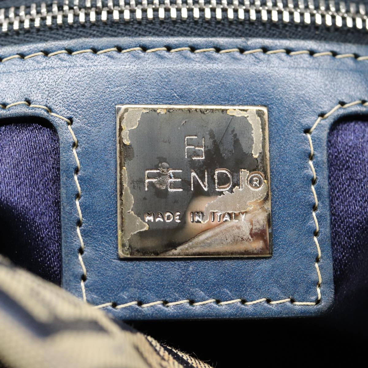 FENDI Zucchino Canvas Hand Bag Navy Silver ep5563
