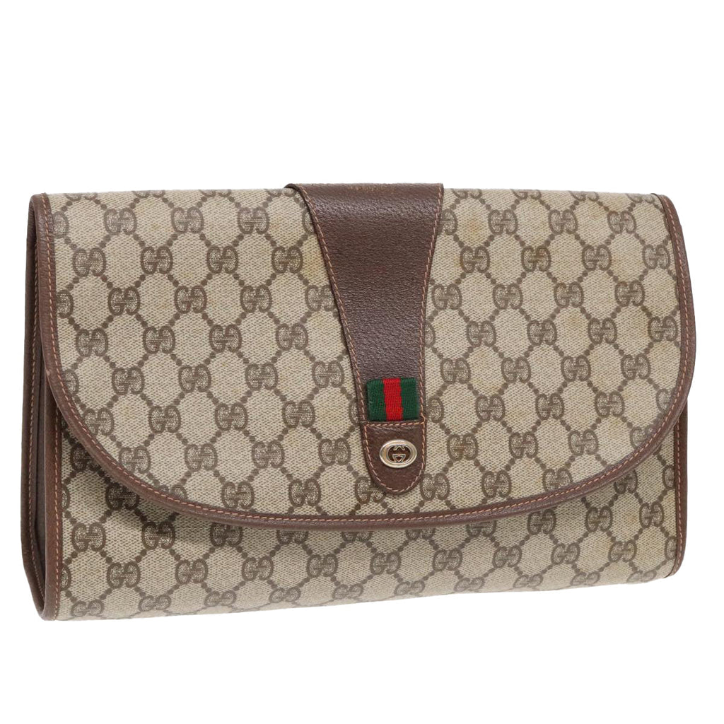 GUCCI GG Supreme Web Sherry Line Clutch Bag PVC Beige Gold ep5597