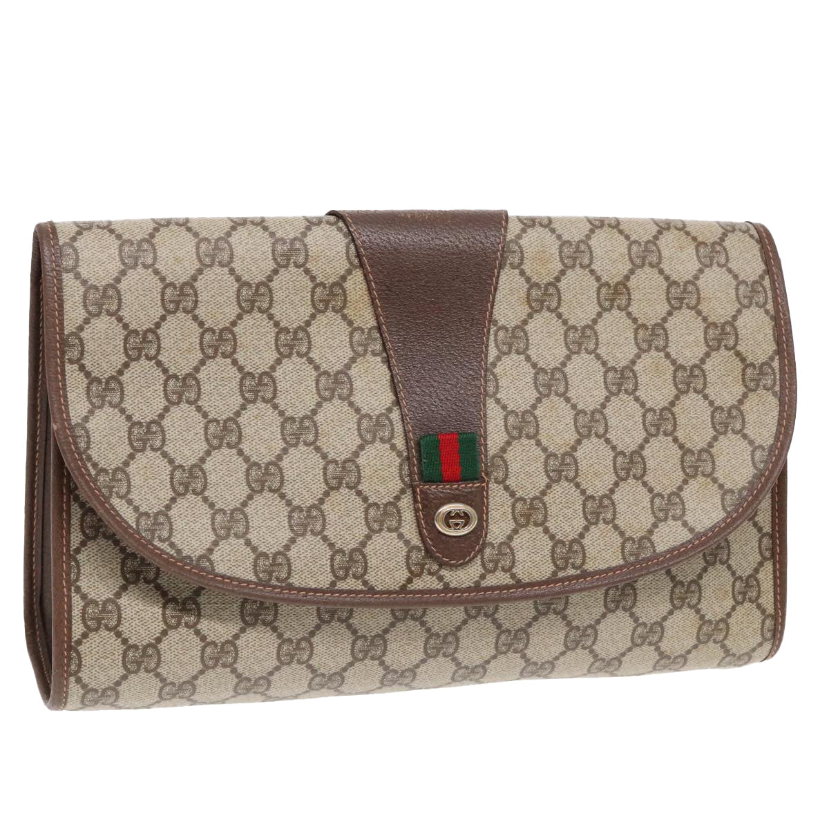 GUCCI GG Supreme Web Sherry Line Clutch Bag PVC Beige Gold ep5597