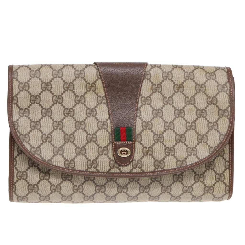 GUCCI GG Supreme Web Sherry Line Clutch Bag PVC Beige Gold ep5597