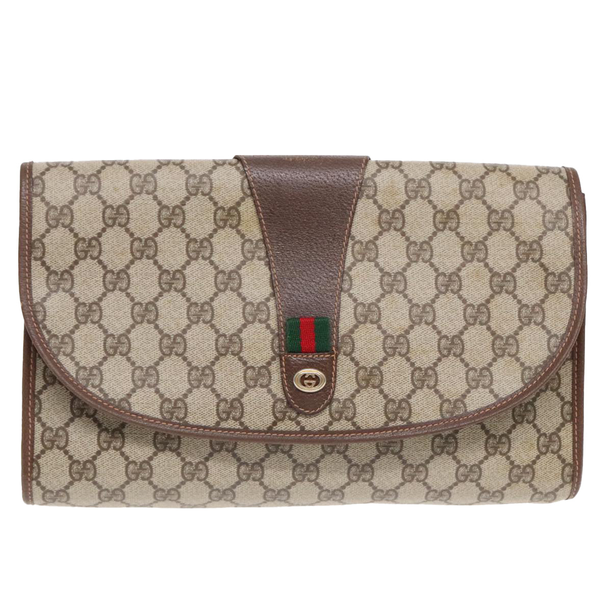GUCCI GG Supreme Web Sherry Line Clutch Bag PVC Beige Gold ep5597