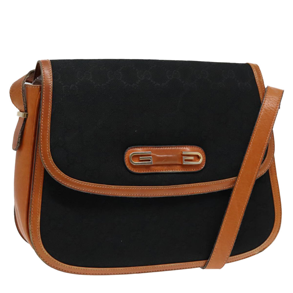 GUCCI GG Canvas Shoulder Bag Black Brown gold ep5626