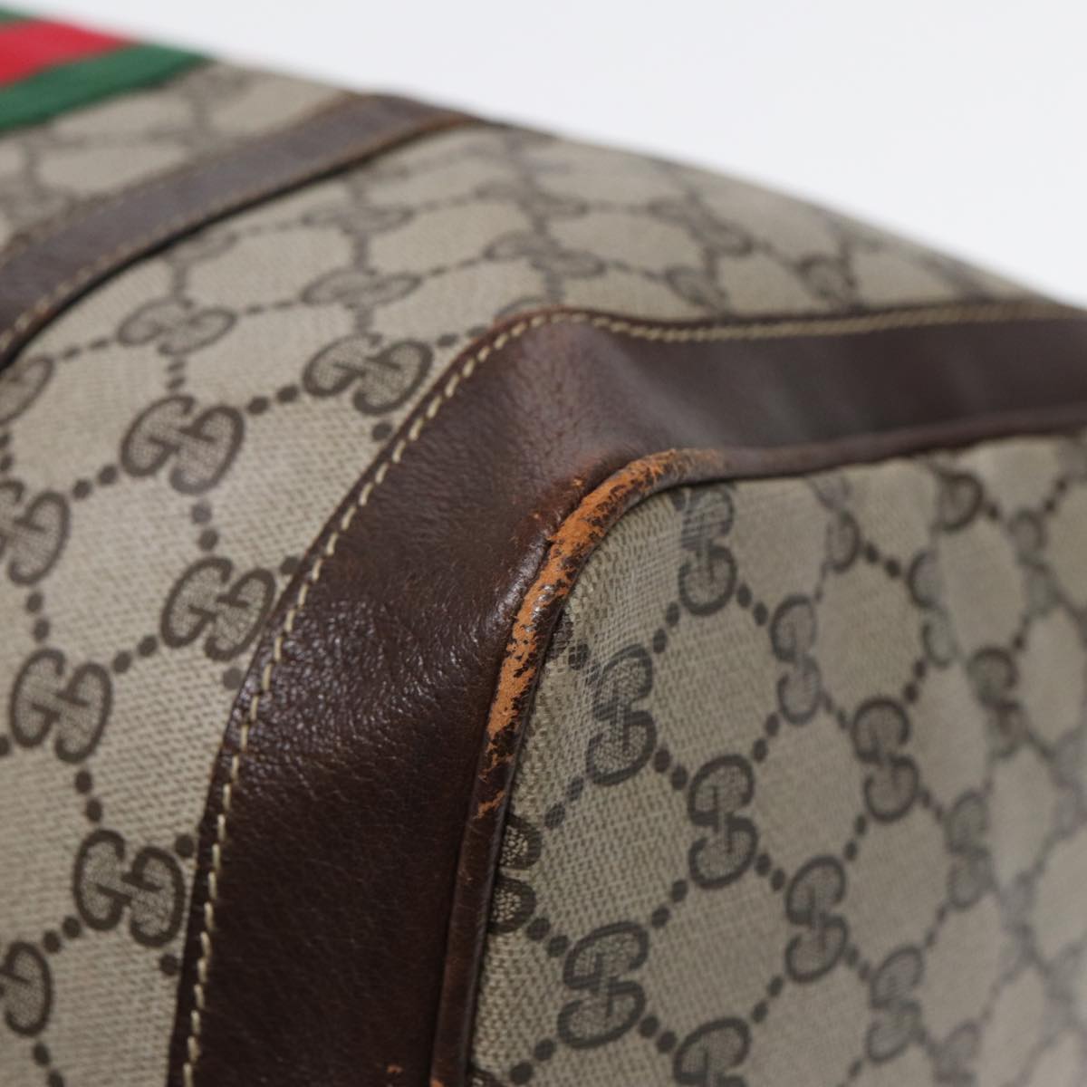 GUCCI GG Supreme Web Sherry Line Boston Bag PVC Beige Gold Red ep5669