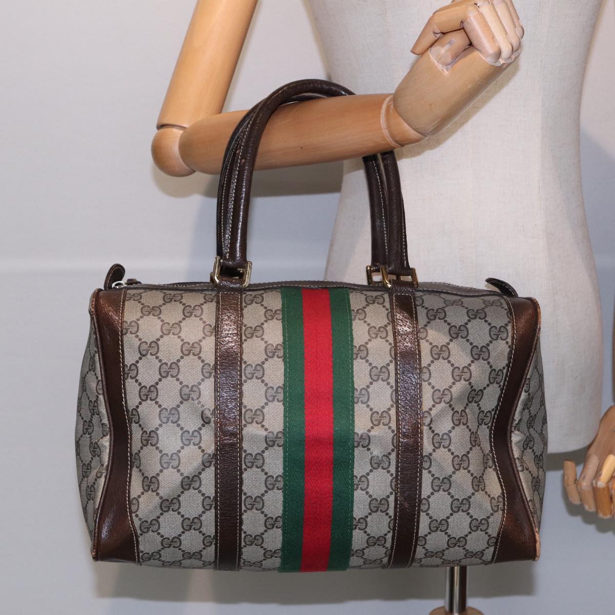 GUCCI GG Supreme Web Sherry Line Boston Bag PVC Beige Gold Red ep5669