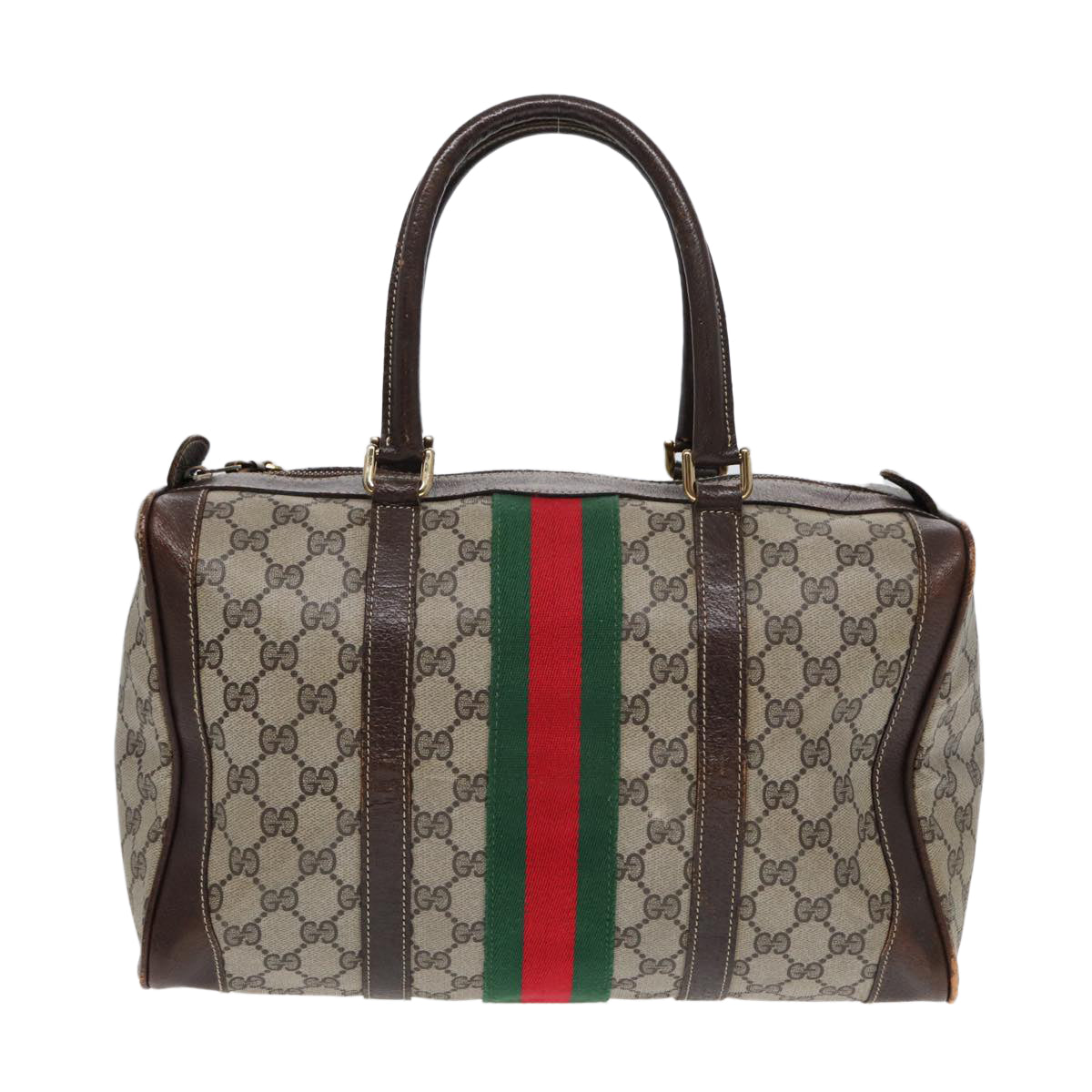 GUCCI GG Supreme Web Sherry Line Boston Bag PVC Beige Gold Red ep5669