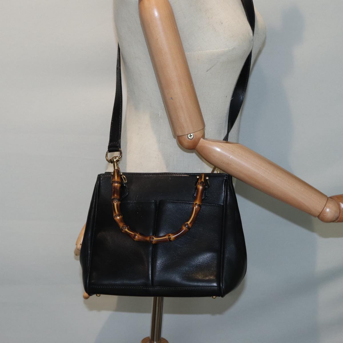 GUCCI Bamboo Hand Bag Leather Outlet 2way Black Gold 000 122 0316 ep5685
