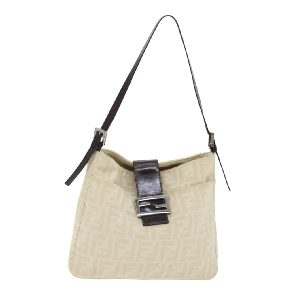 FENDI Zucca Canvas Shoulder Bag Beige Brown Silver ep5724