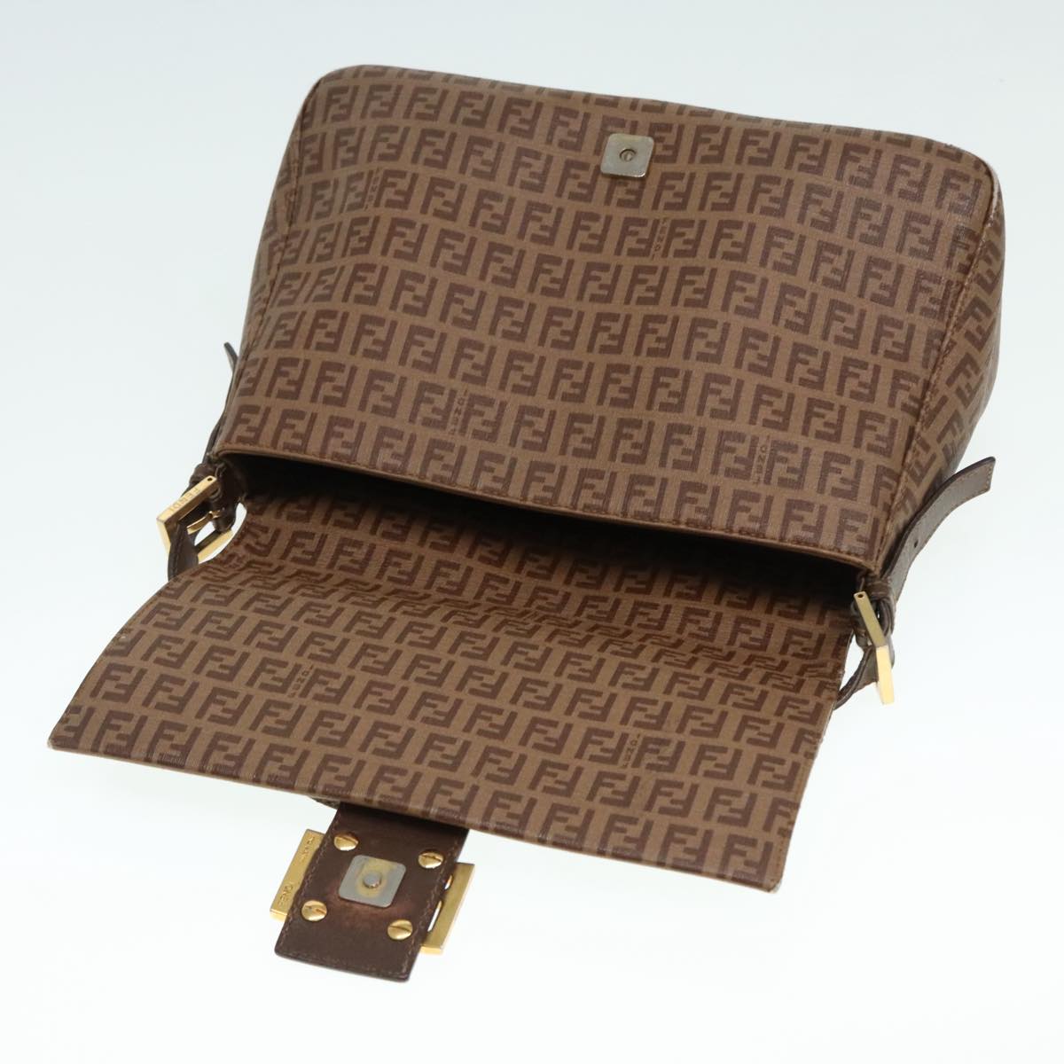FENDI Zucchino Canvas Mamma Baguette Shoulder Bag Brown Gold ep5786