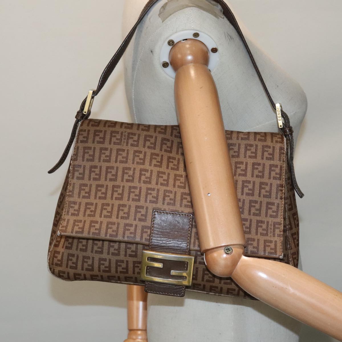 FENDI Zucchino Canvas Mamma Baguette Shoulder Bag Brown Gold ep5786